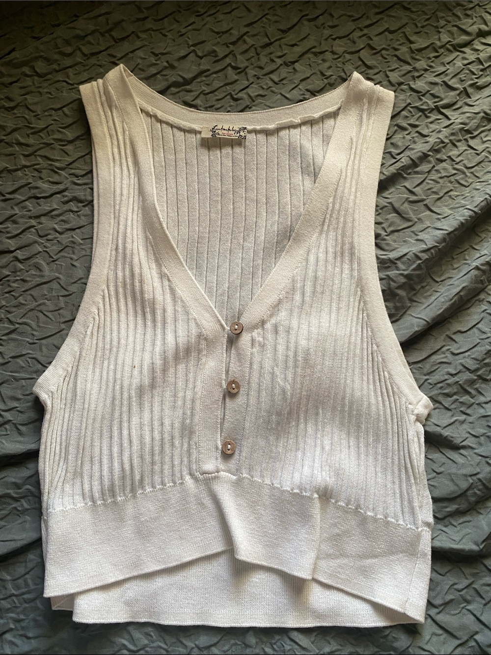 Free People Cream Ribbed V-Neck Button Tank